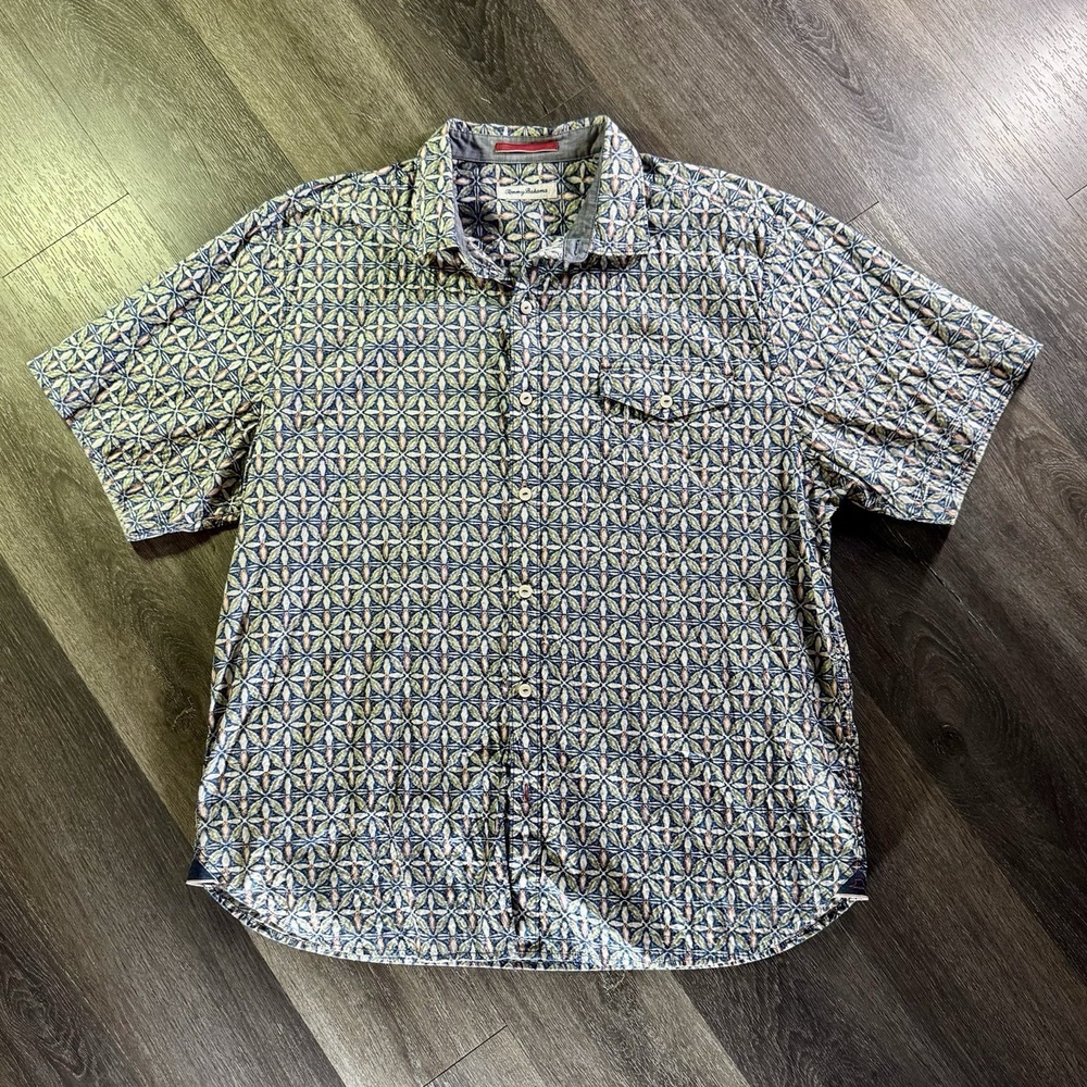 Tommy Bahama Geometric Tile Print Short Sleeve Shirt Mens XL Blue‎ Cotton
